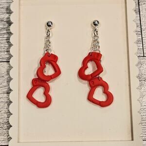 Red‎ Heart Handcuff Dangle Earrings Polymer Clay Handmade Bold